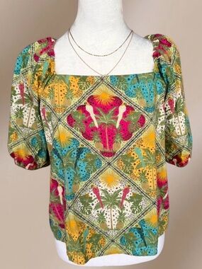 LOFT Tropical Patchwork Square-Neck Blouse in Yellow, Teal & Pink